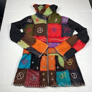 Rising International Patchwork Zip Up Hoodie Embroidered Boho Festival Jacket S
